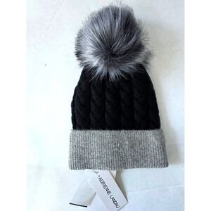 Adrienne Landau Womens NWT Black Gray Fairycore Beanie | Cozy Soft‎ Faux Fur Pom